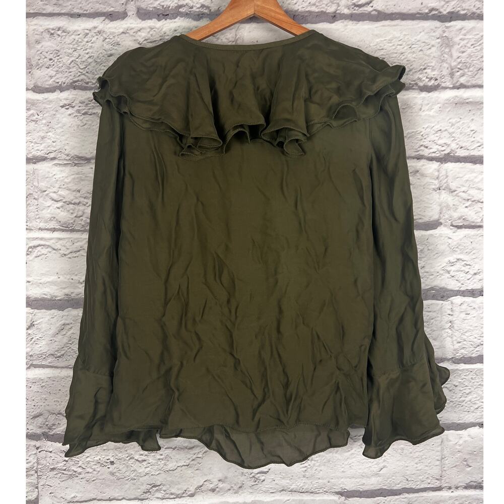 TRINA TURK Women's M Green V-Neck Long Sleeve Ruffle Semi-Sheer Blouse Fancy Top - Picture 3 of 9